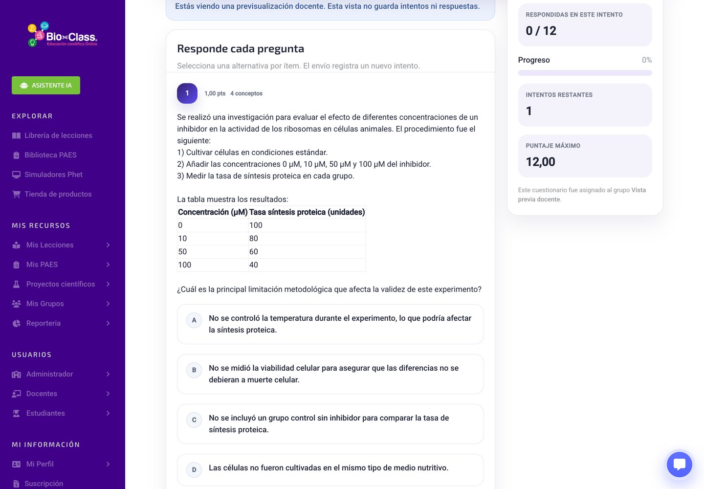 Pregunta PAES con tabla de resultados en BioClass