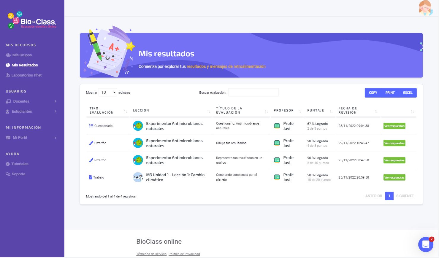 Resultados y retroalimentación personalizada.